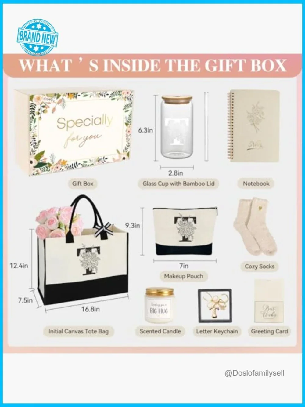 Monogrammed Initial Tote Bag Gift Set for Women - 7 Piece Set